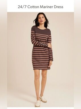 Maurice’s 24/7 Mariner Dress Striped Long Sleeve Brown Button Accents Medium